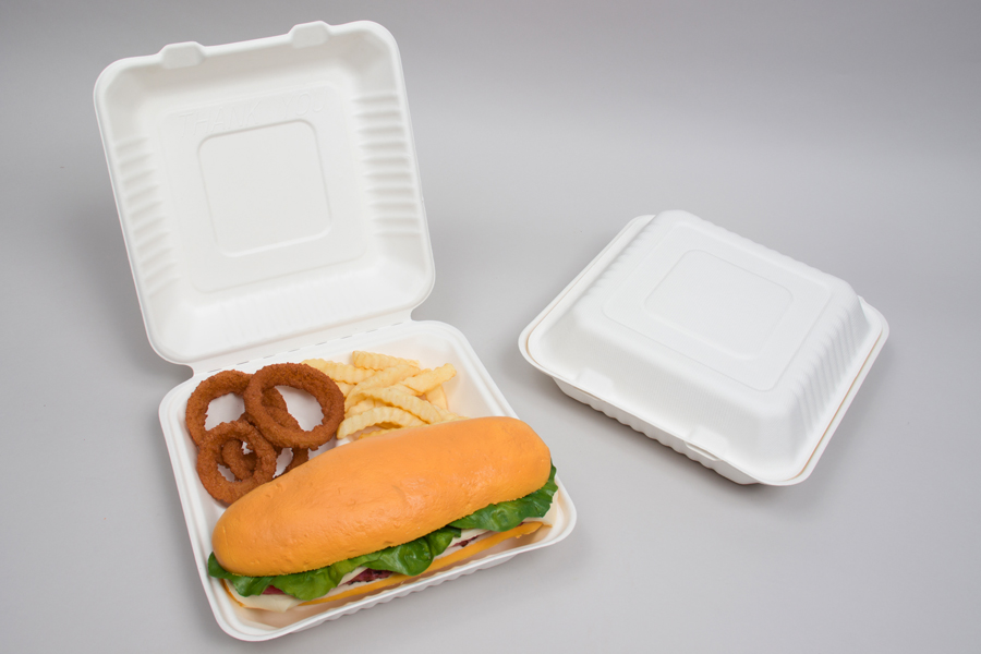 9 x 9 x 3-1/5 BAGASSE COMPOSTABLE CLAMSHELL FOOD TAKEOUT BOXES – 3 COMPARTMENT