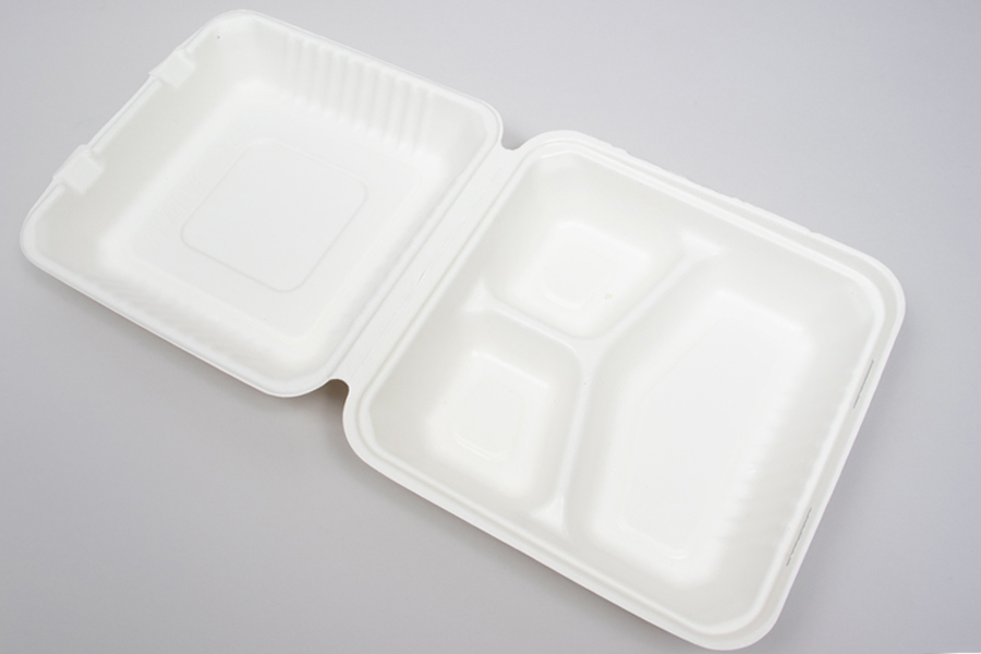 9 x 9 x 3-1/5 BAGASSE COMPOSTABLE CLAMSHELL FOOD TAKEOUT BOXES – PLA LINED – 3 COMPARTMENT