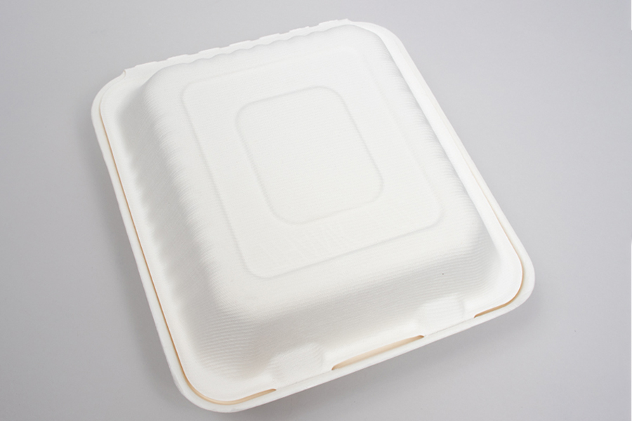 7-7/8 x 8 x 3-1/5 BAGASSE COMPOSTABLE CLAMSHELL FOOD TAKEOUT BOXES – PLA LINED