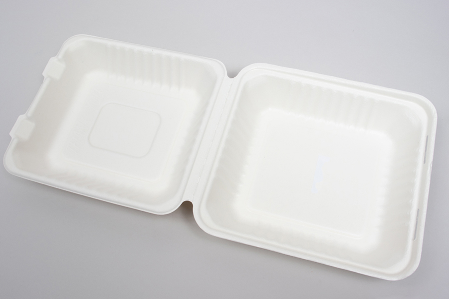 7-7/8 x 8 x 3-1/5 BAGASSE COMPOSTABLE CLAMSHELL FOOD TAKEOUT BOXES – PLA LINED
