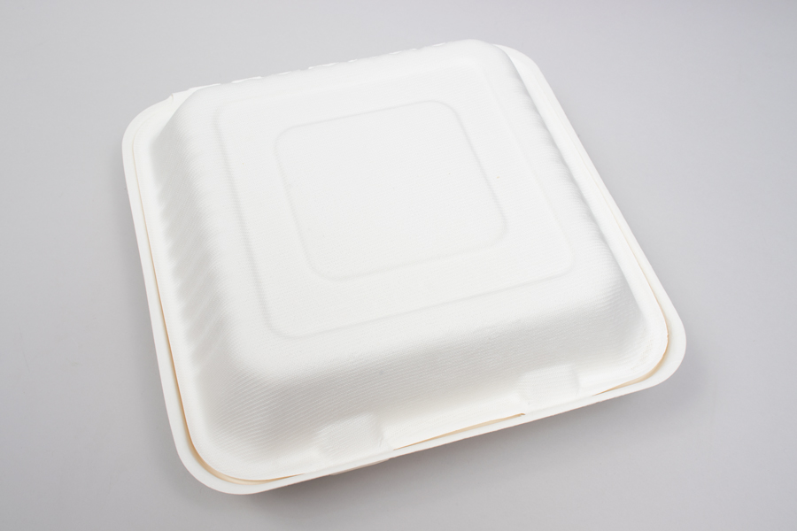 7-7/8 X 8 X 3-1/5 BAGASSE COMPOSTABLE CLAMSHELL FOOD TAKEOUT BOXES – PLA LINED -  3 COMPARTMENT