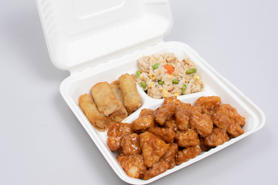 7-7/8 X 8 X 3-1/5 BAGASSE COMPOSTABLE CLAMSHELL FOOD TAKEOUT BOXES – PLA LINED -  3 COMPARTMENT