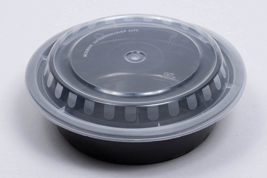 Round Black Plastic Food Takeout Containers with Clear Lids – 7in x 2in –  32oz – 150 per case