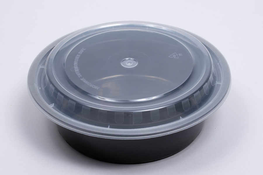 7 x 2 – 32 OZ - ROUND PLASTIC FOOD TAKEOUT CONTAINERS - BLACK BASE/CLEAR LID