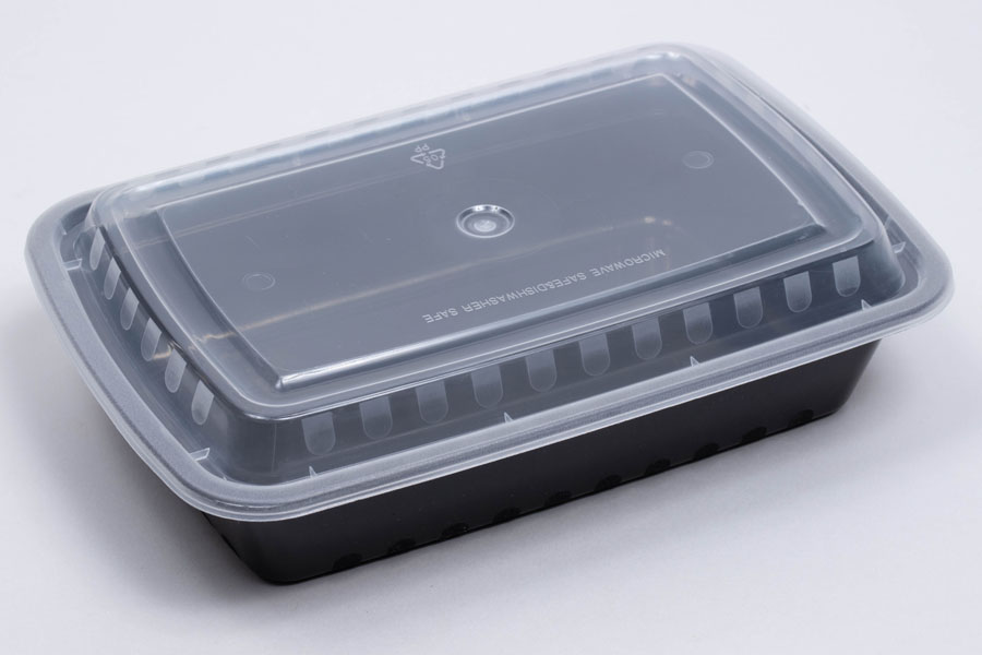 8-3/4 x 6 x 1-4/5 – 32 OZ - RECTANGULAR PLASTIC FOOD TAKEOUT CONTAINERS - BLACK BASE/CLEAR LID