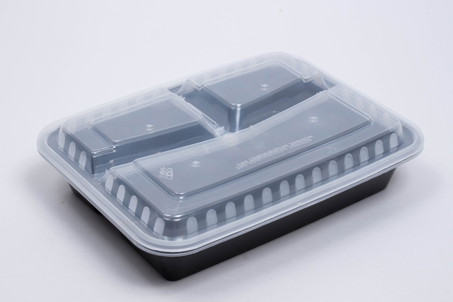 10 x 7-1/2 x 1-3/4 – 33 OZ – THREE COMPARTMENT RECTANGULAR PLASTIC FOOD CONTAINERS - BLACK BASE/CLEAR LID