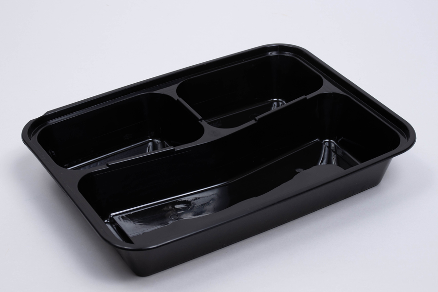 Rectangular Black Plastic Three Compartment Food Containers with Clear Lids  – 10in x 7-1/2in x 1-3/4in – 33 oz – 150 per case