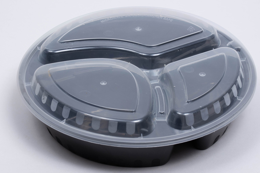 8-4/5 x 1-3/4 – 33 OZ – THREE COMPARTMENT ROUND PLASTIC FOOD TAKEOUT CONTAINERS - BLACK BASE/CLEAR LID