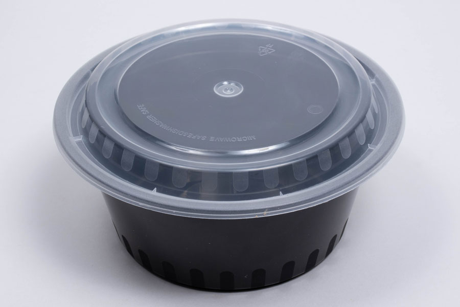7 x 3 – 38 OZ - ROUND PLASTIC FOOD TAKEOUT CONTAINERS - BLACK BASE/CLEAR LID