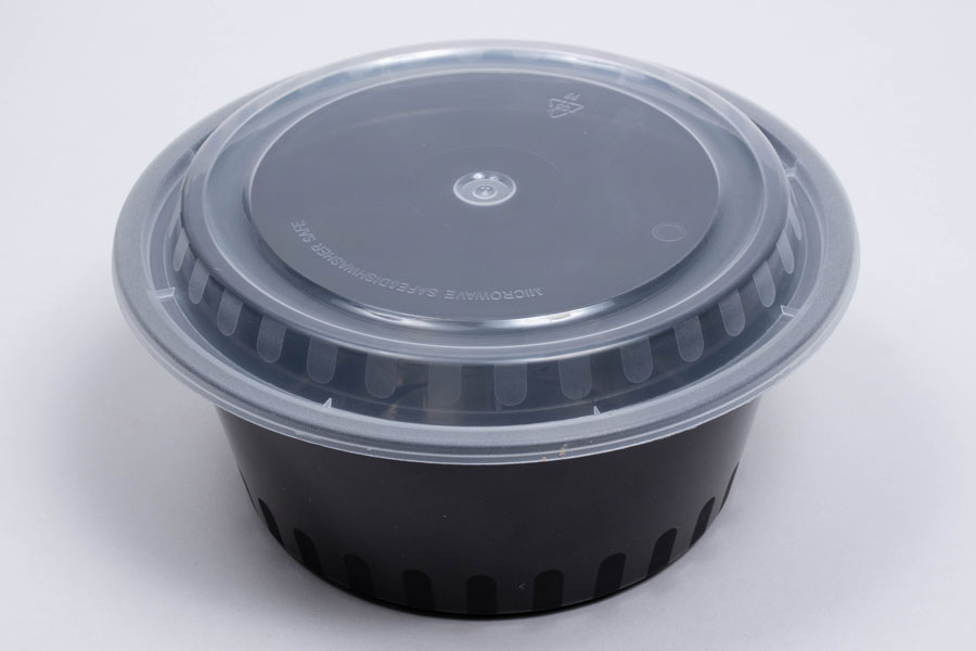 Round Black Plastic Food Takeout Containers with Clear Lids – 7in x 2in –  32oz – 150 per case