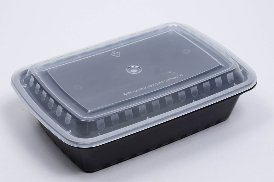 8-3/4 x 6 x 2 – 38 OZ - RECTANGULAR PLASTIC FOOD TAKEOUT CONTAINERS - BLACK BASE/CLEAR LID