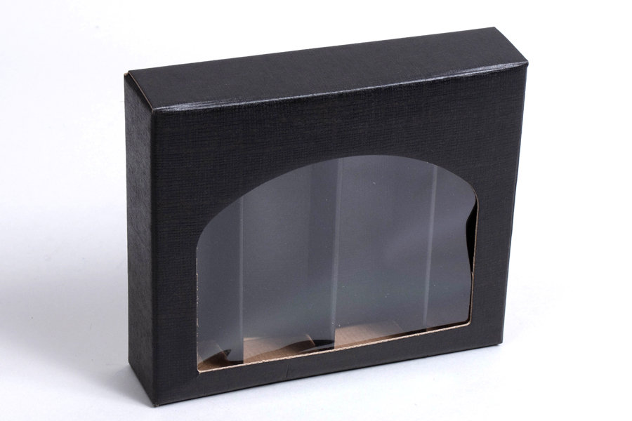 6 x 5-3/8 x 1-3/8 MATTE BLACK LINEN WINDOW GIFT BOXES – 4 MINI BOTTLES