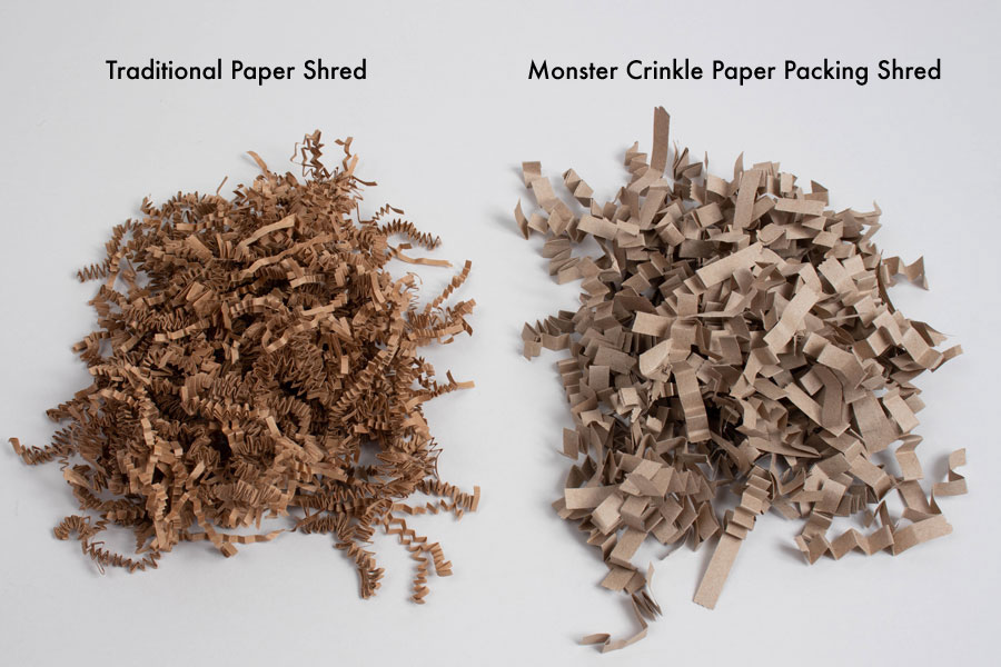 Monster Crinkle is an environmentally-friendly shredded paper packing  peanut alternative with the same drop protection, but with a more compact