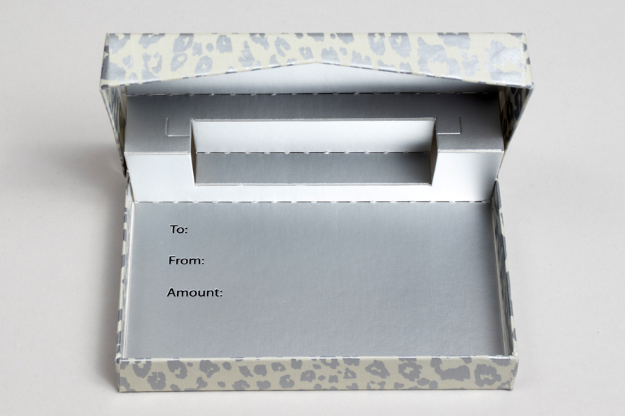 4-5/8 x 3-3/8 x 5/8 SILVER CHEETAH SILVER GIFT CARD BOX WITH POP-UP INSERT