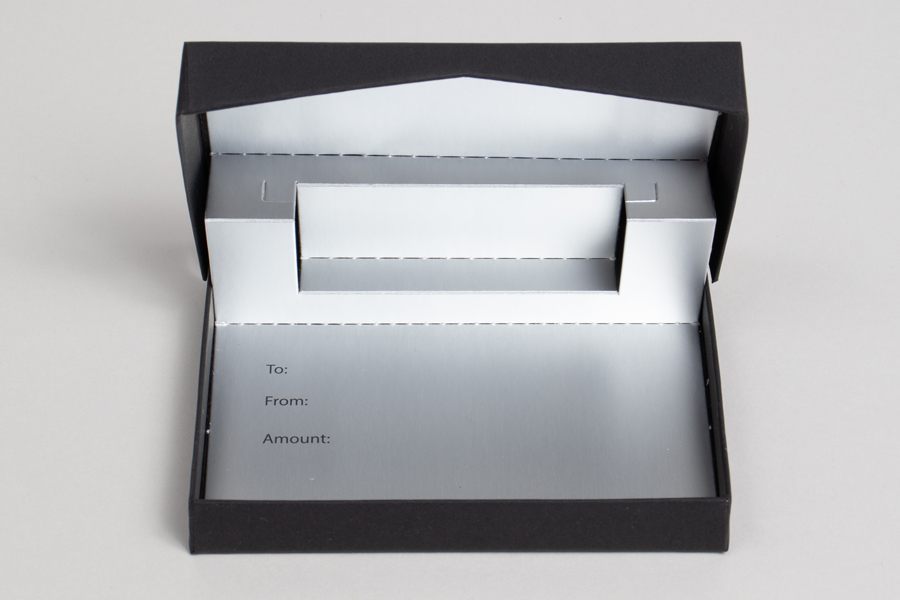 4-5/8 x 3-3/8 x 5/8 BLACK SOFT TOUCH GIFT CARD BOX WITH SILVER POP-UP INSERT