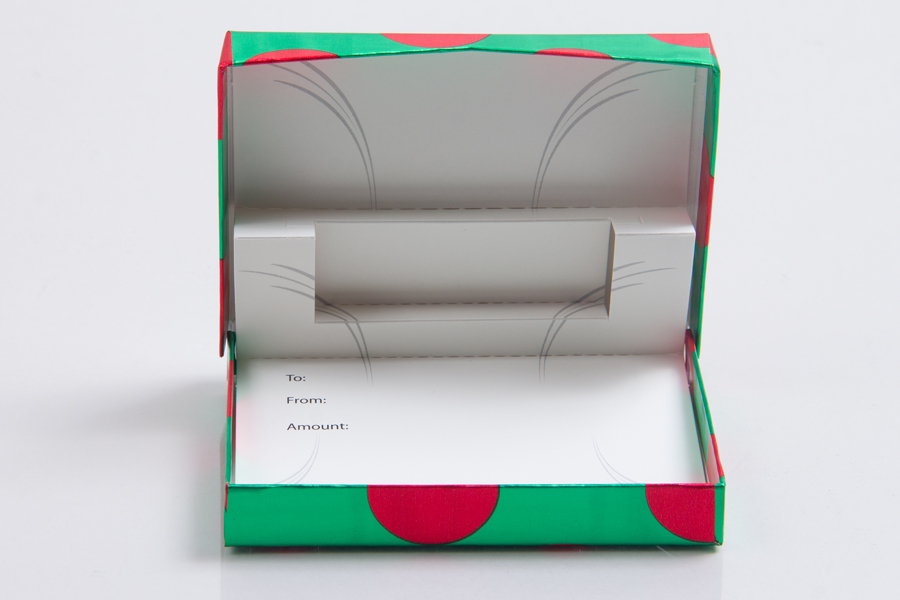 4-5/8 x 3-3/8 x 5/8 GREEN RED DOTS GIFT CARD BOX WITH POP-UP INSERT