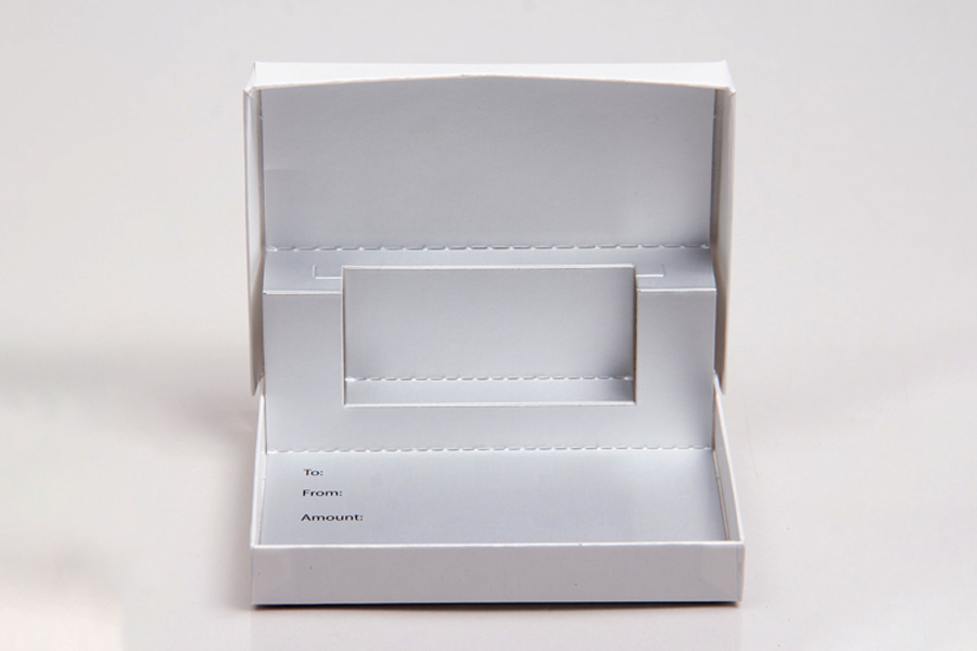 4-5/8 x 3-3/8 x 5/8 WHITE SOFT TOUCH GIFT CARD BOX WITH SILVER POP-UP INSERT