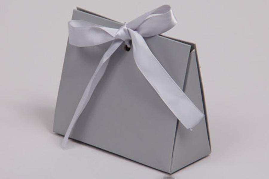 4.5 x 2 x 3.75 MATTE SILVER RIBBON TIED PURSE BOXES