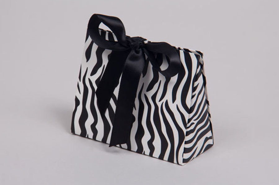 4.5 x 2 x 3.75 ZEBRA PRINT RIBBON TIED PURSE BOXES