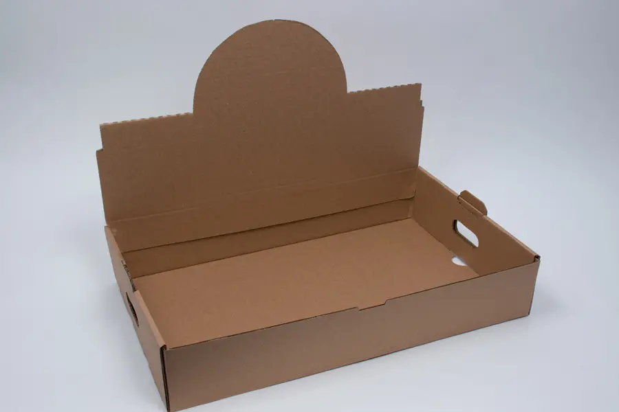 21-1/2 X 13-1/8 X 4 NAT KRAFT TUCK TOP LID W/DIECUT DISPLAY HANDLED BOX