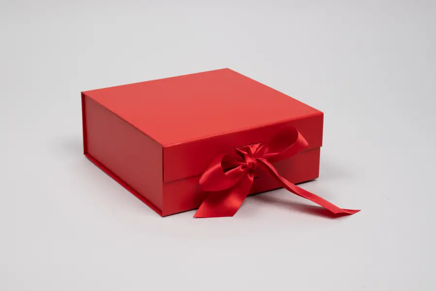8X8X3-1/8  MATTE RED MAGNETIC BOX W/RIBBON