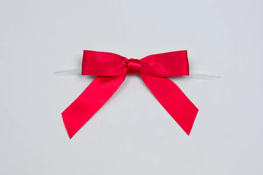 2-1/2" X 2" SATIN RED PRE-TIED BOW CLEAR TWIST TIE