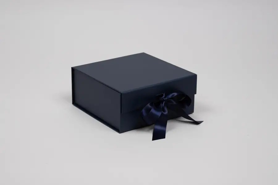 6X6X2-3/4  MATTE NAVY MAGNETIC BOX W/RIBBON
