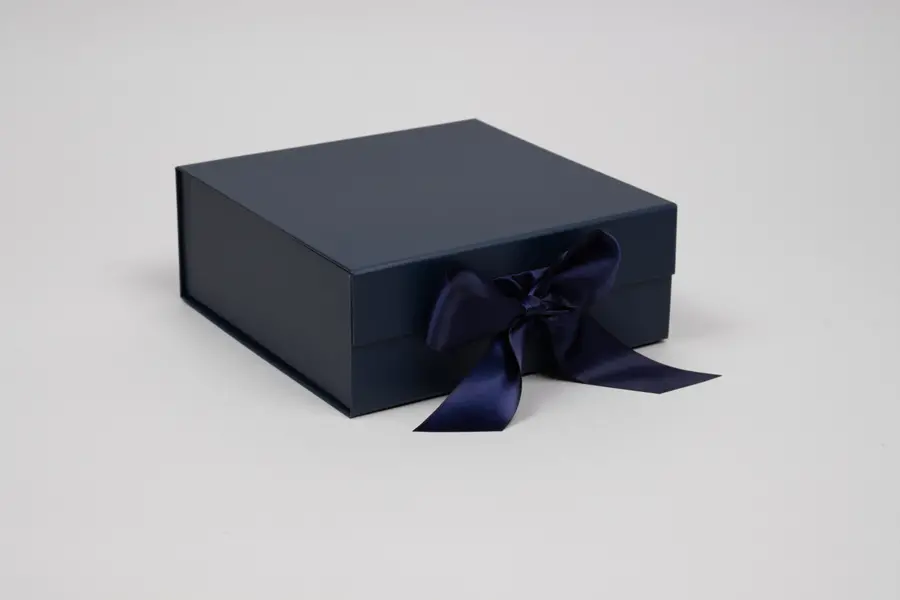 8X8X3-1/8  MATTE NAVY MAGNETIC BOX W/RIBBON