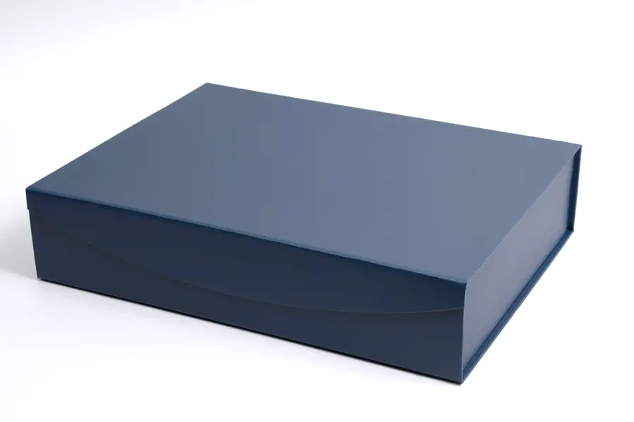 14-3/8 X 10-3/4 X 3-1/8 NAVY LEATHER CURVED FLAP MAGNETIC BOX