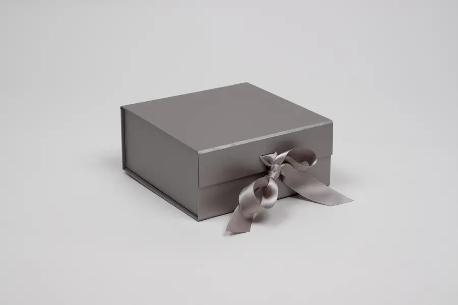 6X6X2-3/4  MATTE SILVER MAGNETIC BOX W/RIBBON