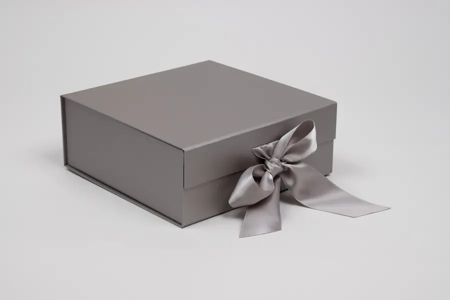8X8X3-1/8  MATTE SILVER MAGNETIC BOX W/RIBBON