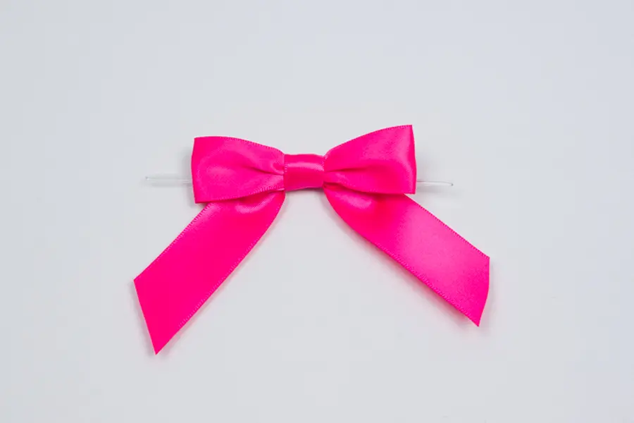 2-1/2" X 2" SATIN HOT PINK PRE-TIED BOW CLEAR TWIST TIE