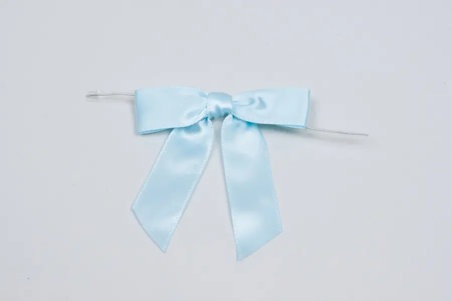 2-1/2" X 2" SATIN LIGHT BLUE PRE-TIED BOW CLEAR TWIST TIE