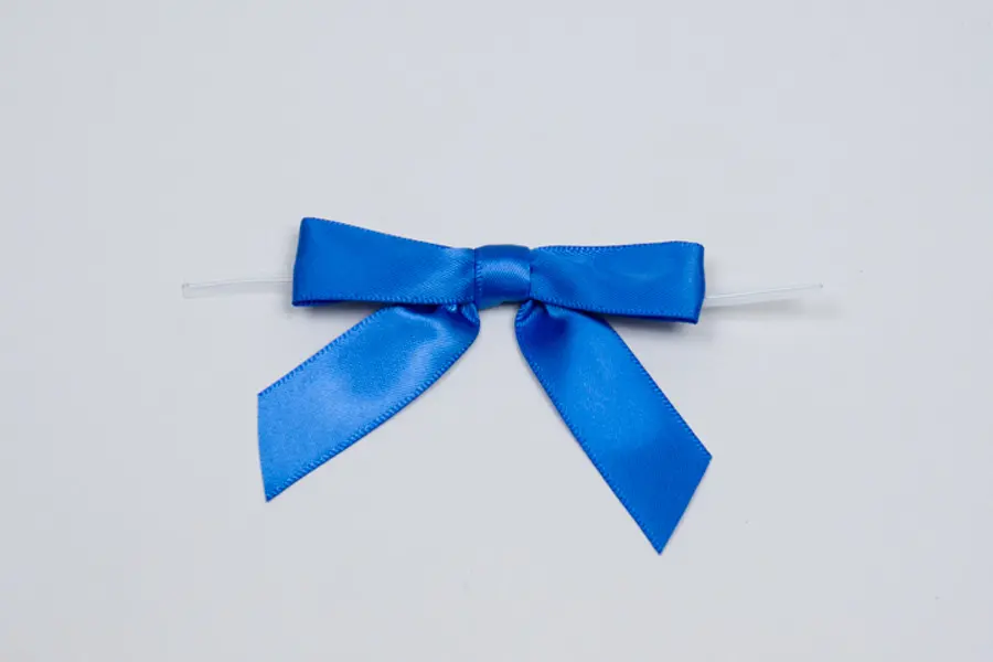 2-1/2" X 2" SATIN ROYAL BLUE PRE-TIED BOW CLEAR TWIST TIE