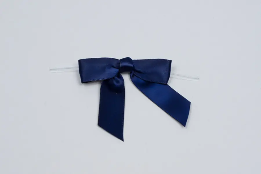 2-1/2" X 2" SATIN NAVY PRE-TIED BOW CLEAR TWIST TIE
