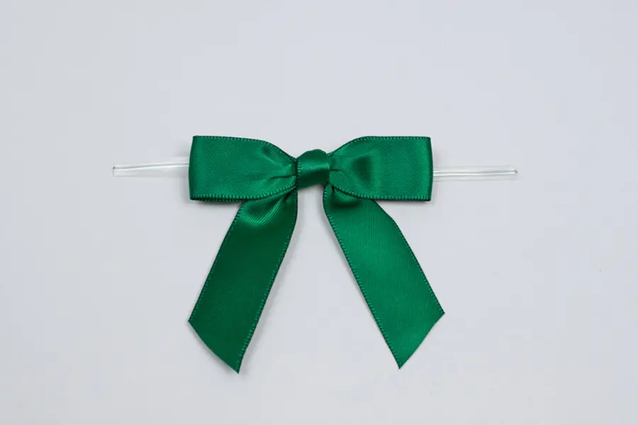 2-1/2" X 2" SATIN FOREST GREEN PRE-TIED BOW CLEAR TWIST TIE