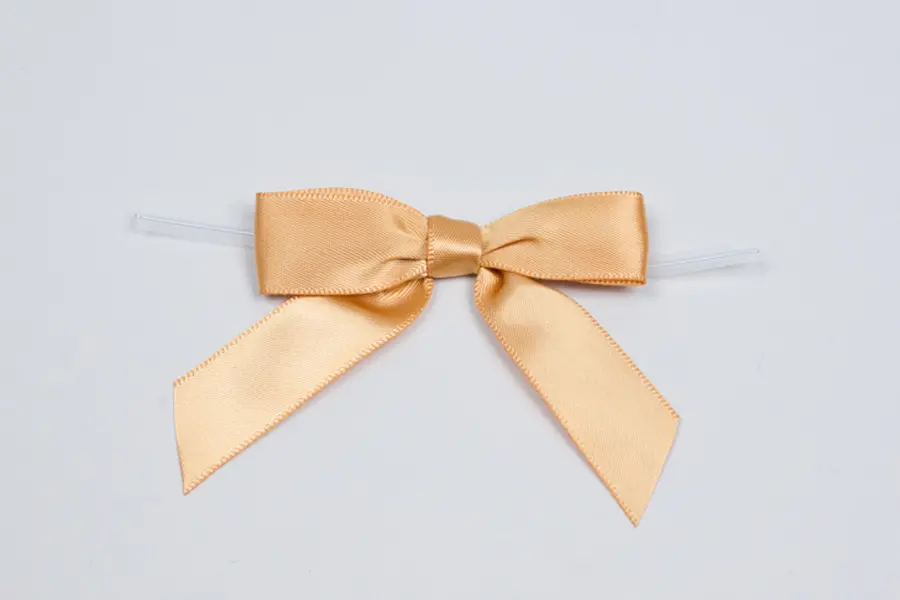 2-1/2" X 2" SATIN GOLD PRE-TIED BOW CLEAR TWIST TIE