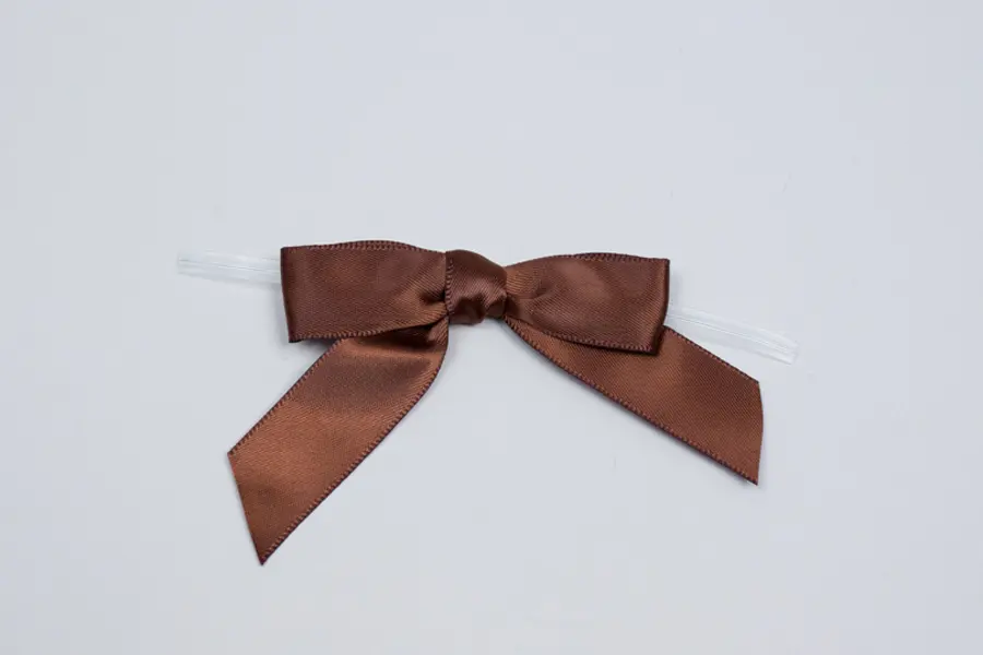 3" X 2-3/4" SATIN BROWN PRE-TIED BOW CLEAR TWIST TIE