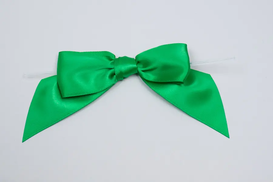 4" X 3-1/4" SATIN EMERALD GREEN PRE-TIED BOW CLEAR TWIST TIE