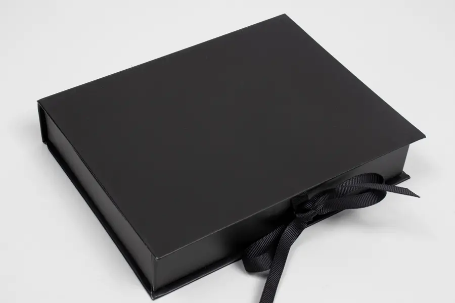 7X5-1/2X1-1/4 MATTE BLACK W/ BLACK RIBBON JEWELRY BOX