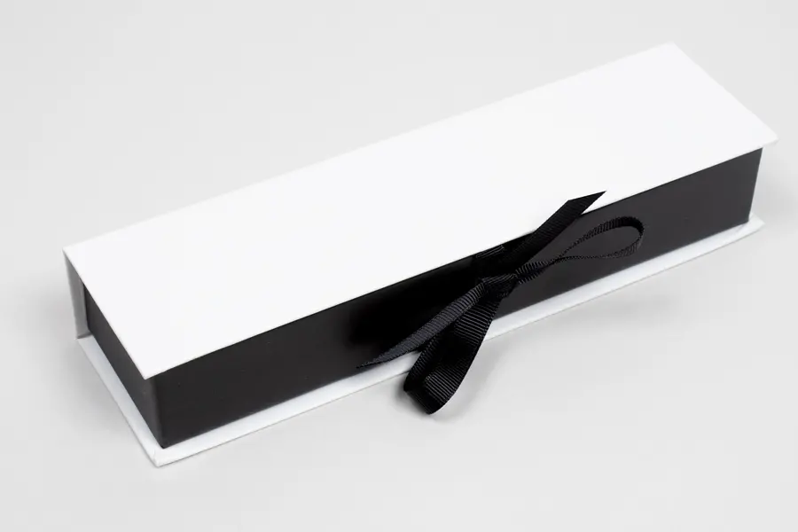 8X2X1-1/4 MATTE WHITE W/ BLACK PLATFORM AND RIBBON JEWELRY BOX