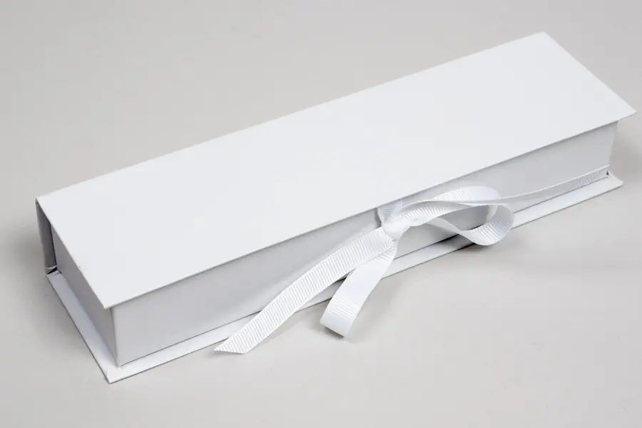8X2X1-1/4 MATTE WHITE W/ WHITE PLATFORM AND RIBBON JEWELRY BOX