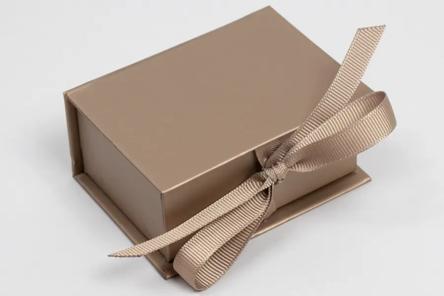 3-1/2X2-1/8X1 MATTE CHAMPAGNE W/ CHAMPAGNE RIBBON JEWELRY BOX