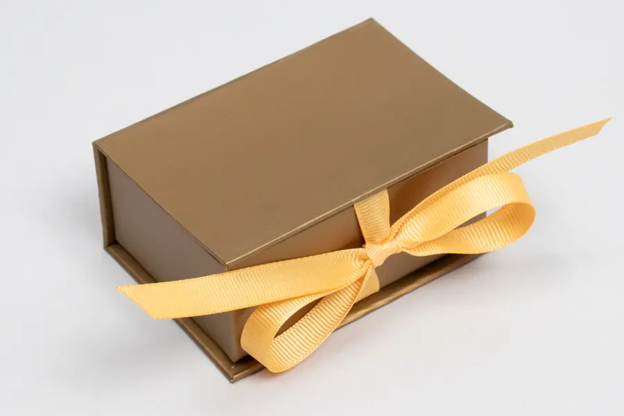 3-1/2X2-1/8X1 MATTE GOLD W/ GOLD RIBBON JEWELRY BOX