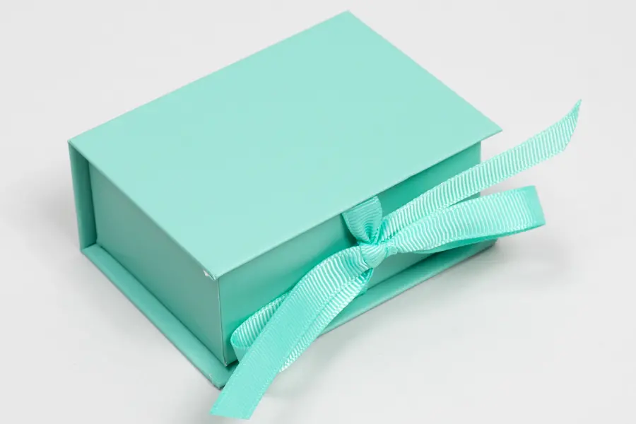3-1/2X2-1/8X1 MATTE TURQUOISE W/ TURQUOISE RIBBON JEWELRY BOX