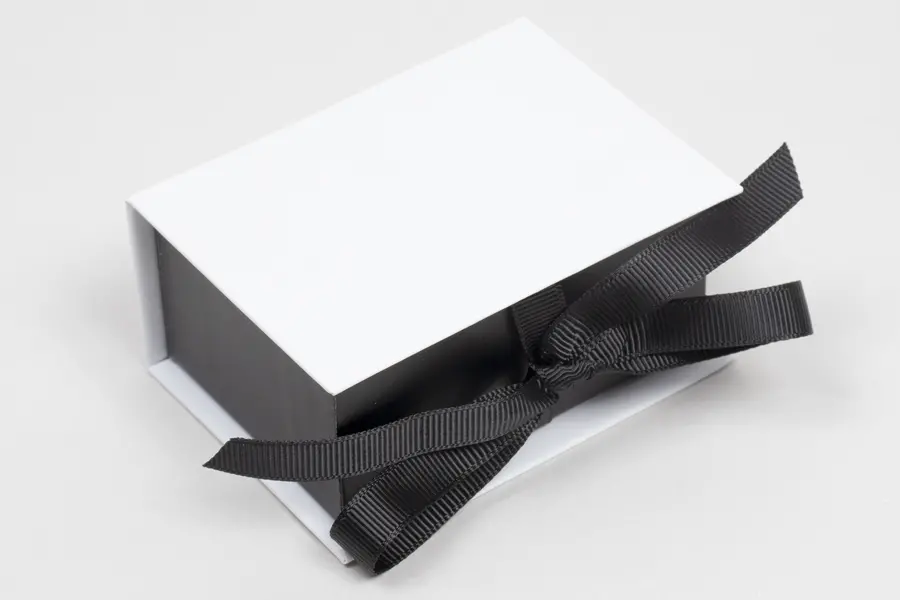3-1/2X2-1/8X1 MATTE WHITE W/ BLACK PLATFORM AND RIBBON JEWELRY BOX