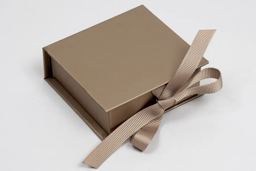2-3/4X2-3/4X1 MATTE CHAMPAGNE W/ CHAMPAGNE RIBBON JEWELRY BOX