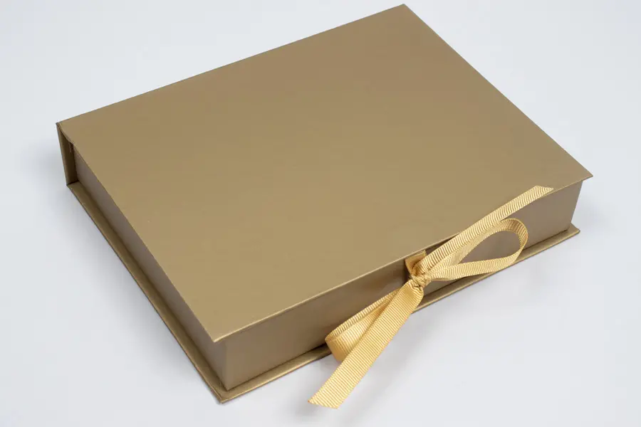 7X5-1/2X1-1/4 MATTE GOLD W/ GOLD RIBBON JEWELRY BOX